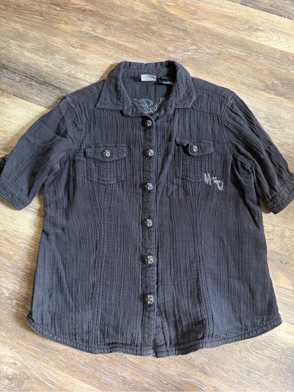 Short Sleeve Black Button-Up Textured Shirt